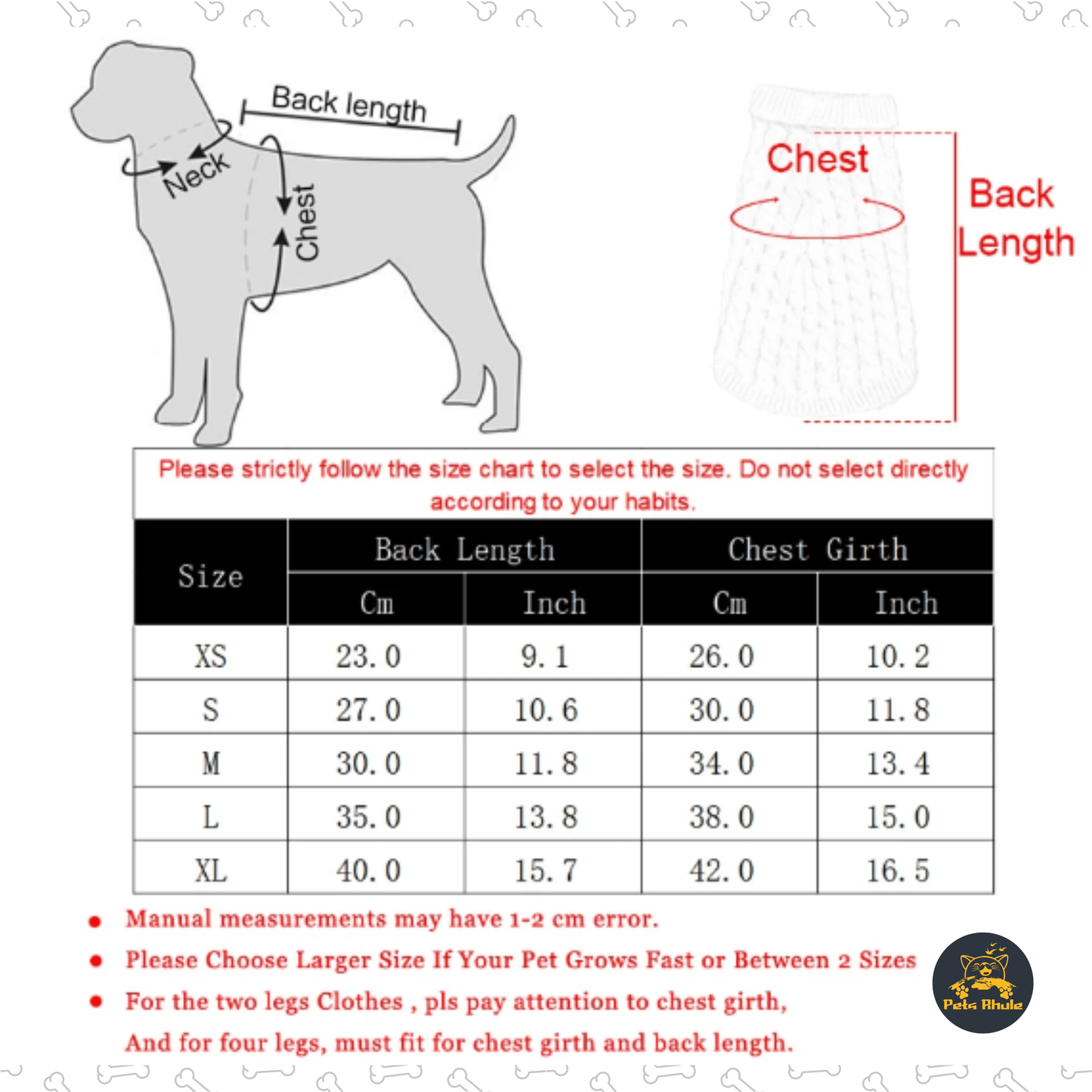 Dog Sweater for Small Dogs chart