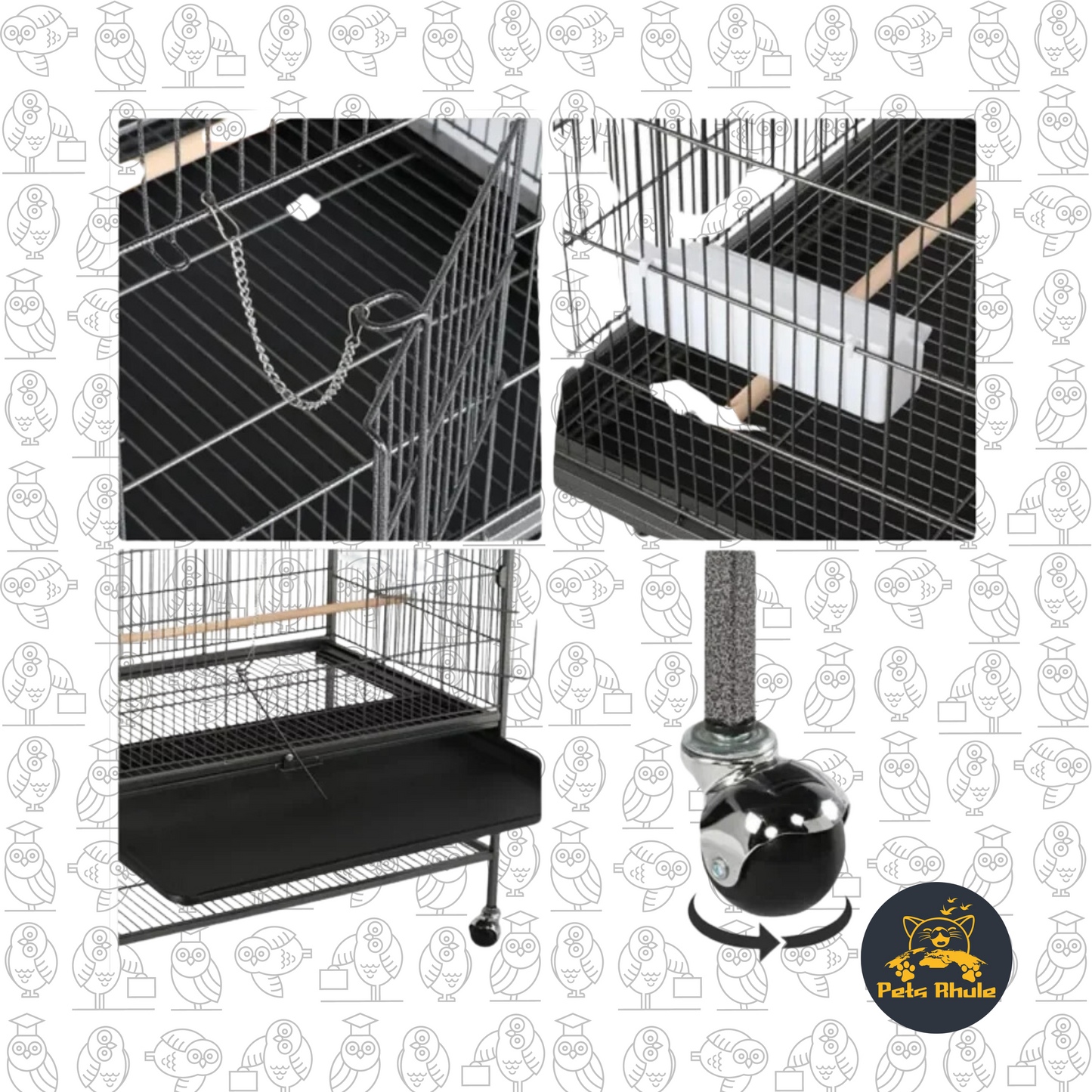 Large Metal 52" Rolling Bird Cage with 3 Perches and 4 Feeders